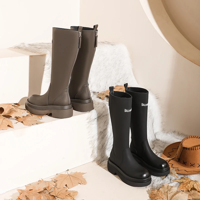 （多多1鞋服19009）巴黎字母长靴后拉链女高筒靴显瘦骑士靴长筒靴女