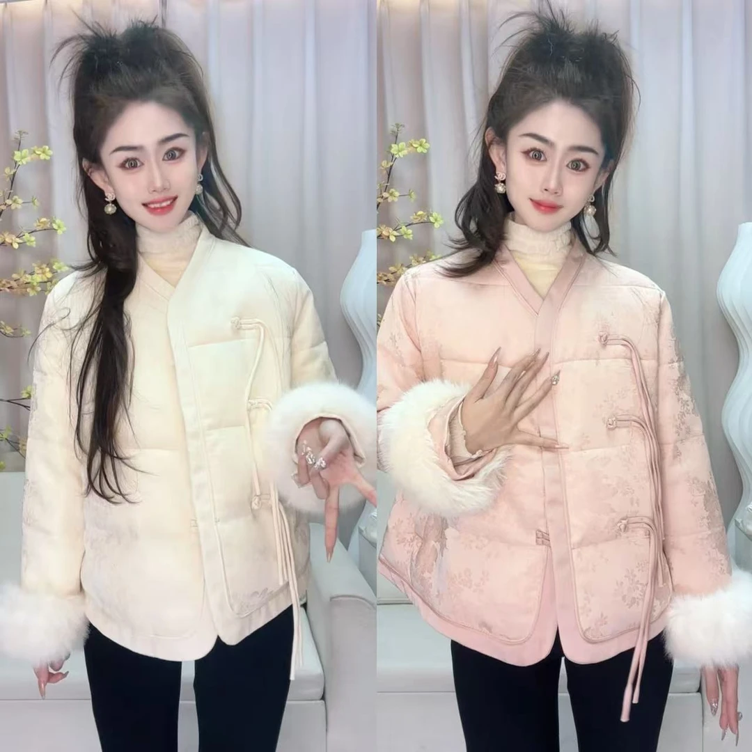 清货新中式国风外套女盘口提花高级感时尚加厚棉服上衣毛毛袖口