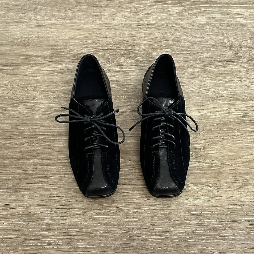 Dannyfrey小众设计感头层羊皮方头通勤系带磨砂拼接时尚休闲鞋3CM