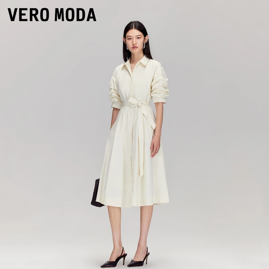 Vero Moda连衣裙2025秋季新纯棉收腰捏褶五分袖衬衫裙松弛感百搭