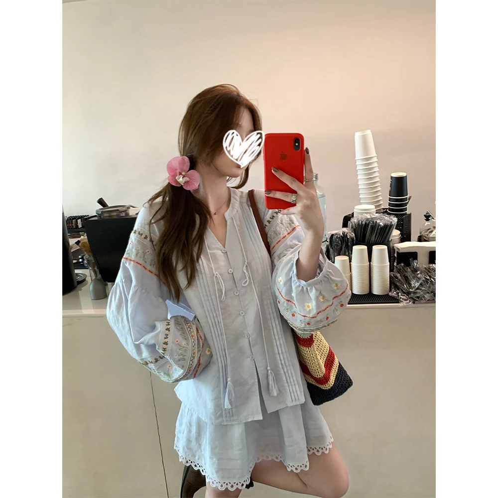 斯米兰花境 重工花朵刺绣蕾丝拼接娃娃衬衫a字半裙套装女长袖外套