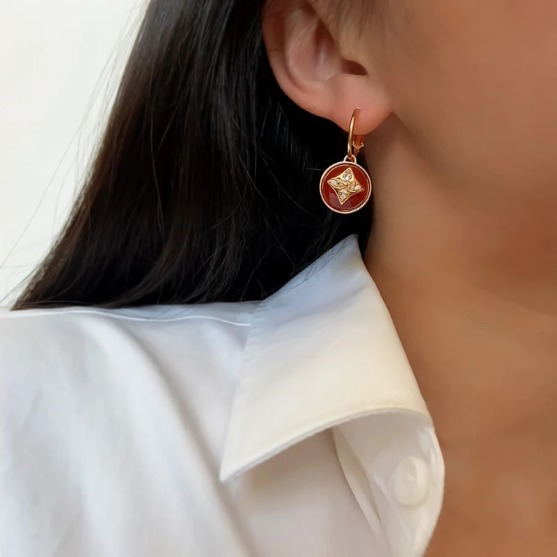 钛钢耳饰 8460-欧美复古安哥拉红色四叶花镶钻耳坠小众设计高级