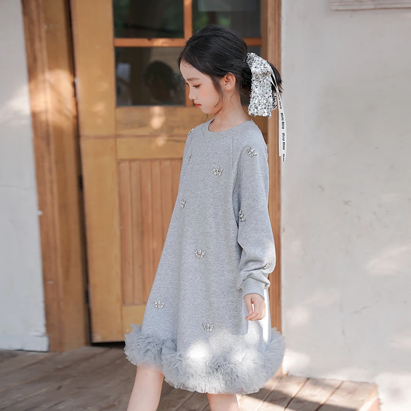 80788女童连衣裙钉珠圆领卫衣裙2025秋季新款中大童网纱长袖裙子