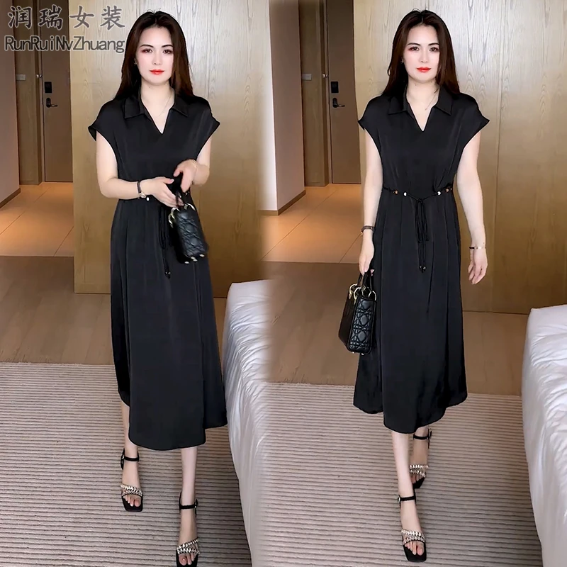 夏季静奢风长袖褶皱圆领连衣裙遮肚韩版裙子气质黑色2025潮流女装