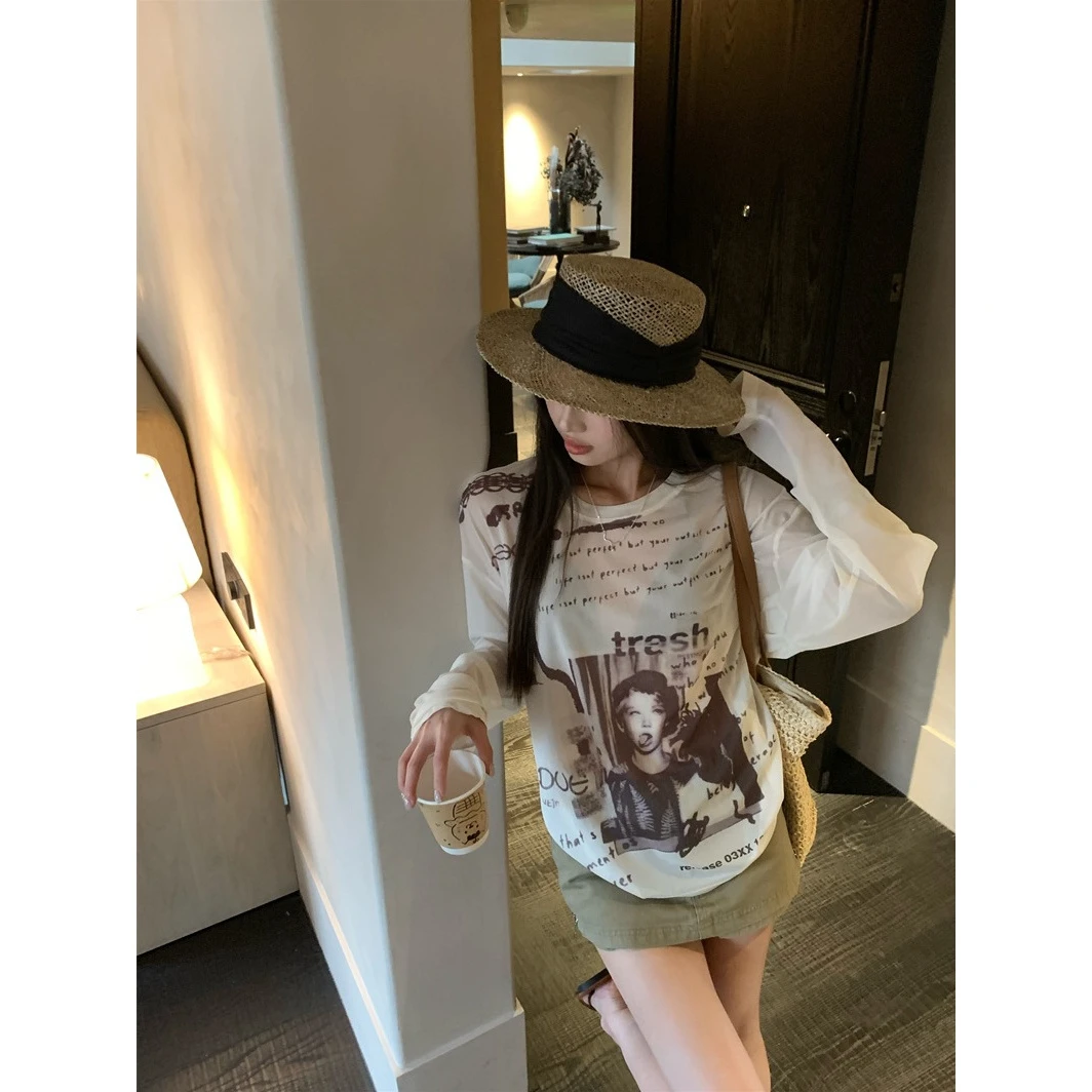 美式复古个性印花长袖T恤女装早秋季新款休闲宽松显瘦圆领上衣潮