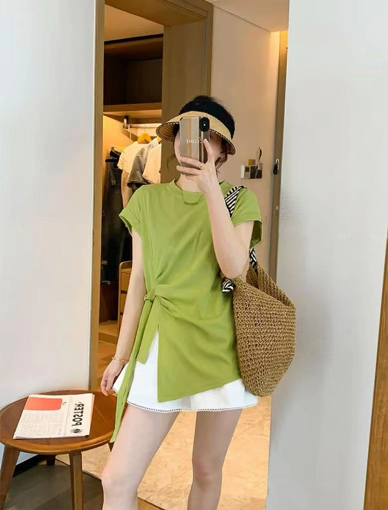 小雅姐姐  韩系时尚不规则系带圆领短袖T恤IV04