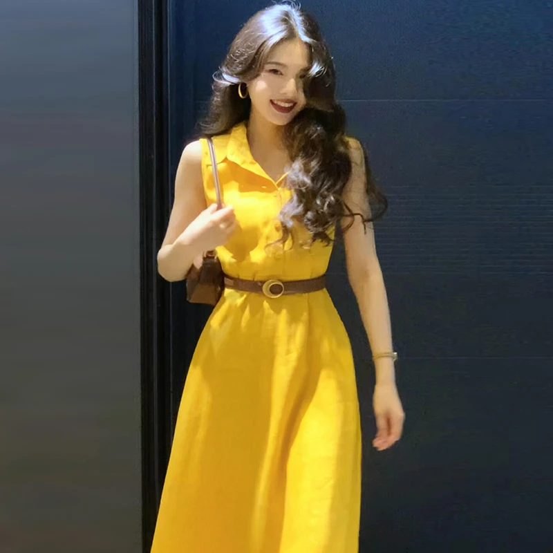 2025新款法式气质黄色无袖衬衫连衣裙子女夏季韩系高级感收腰长裙