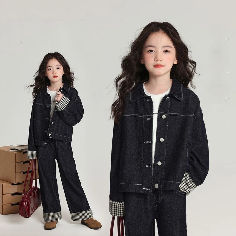 女童秋款套装2025新款儿童洋气复古牛仔外套大童宽松春秋款两件套