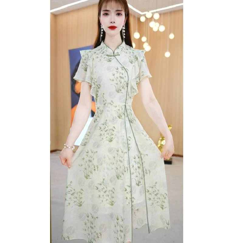【青竹之韵】夏季新款旗袍领高贵时尚显瘦收腰中长款连衣裙M-4XL