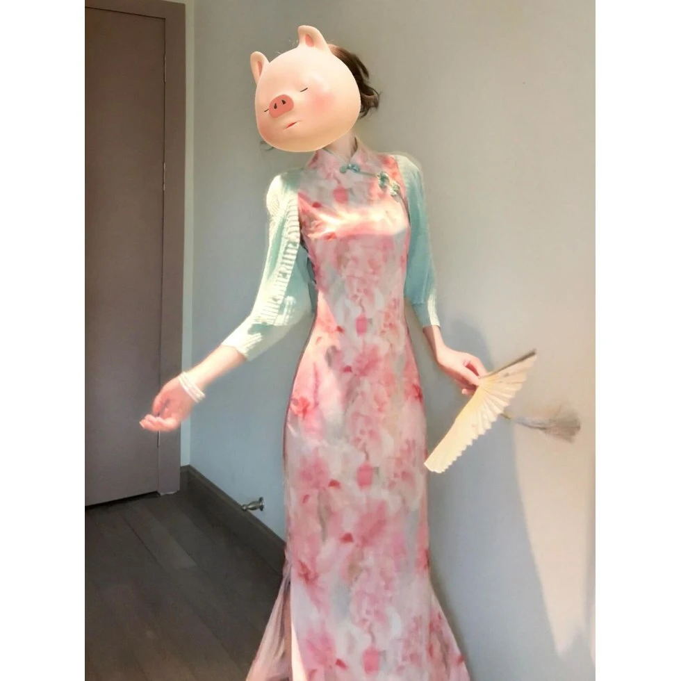 画报夫人新中式国风粉色晕染盘扣碎花连衣裙温柔气质大方得体收腰