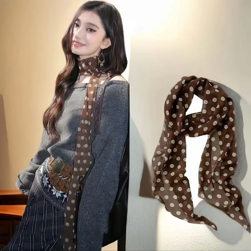 【原版高定款】【尺寸185*28】法式复古棕色波点丝巾女薄款百搭围巾