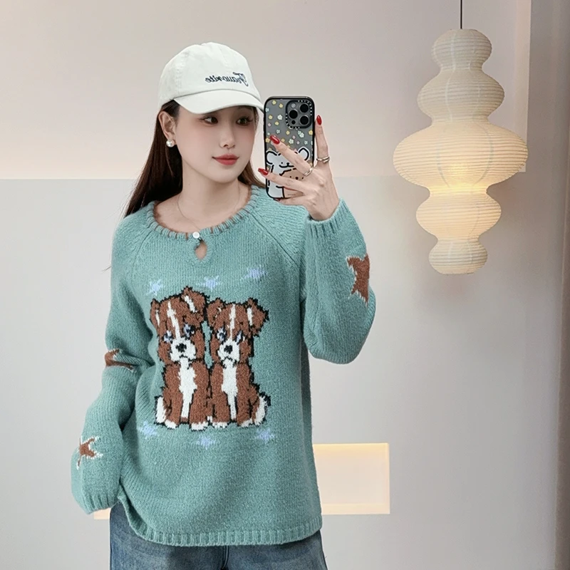 【海蓝玫瑰】2025大码女装冬季新款胖MM卡通小狗宽松圆领毛衣-F728