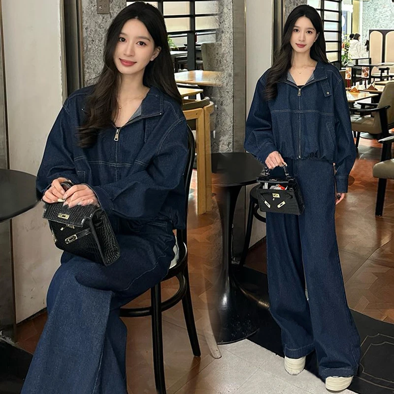 时尚牛仔套装女2025春秋新款洋气减龄短款外套阔腿裤休闲两件套潮