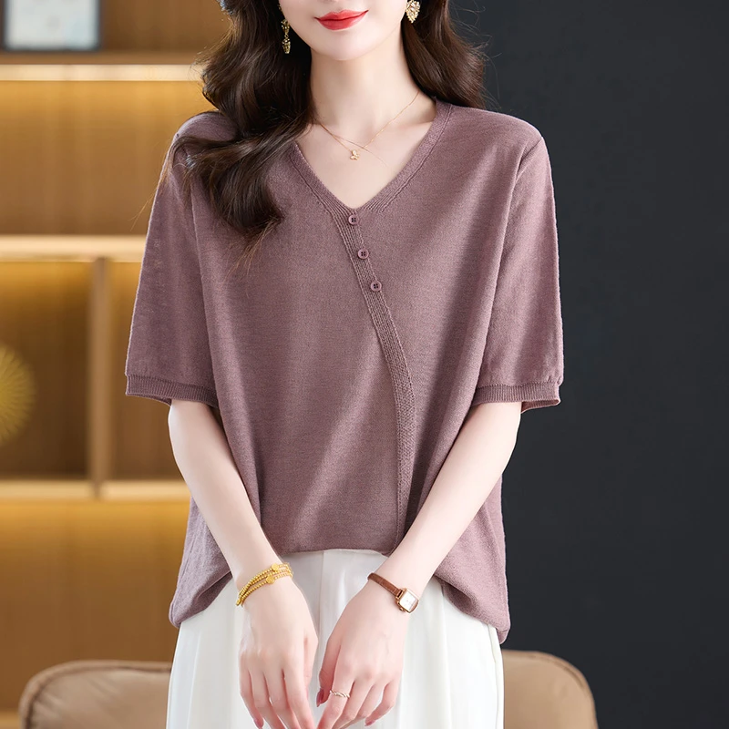 中年妈妈洋气夏装短袖t恤女2025新款夏季大码宽松针织衫冰丝上衣