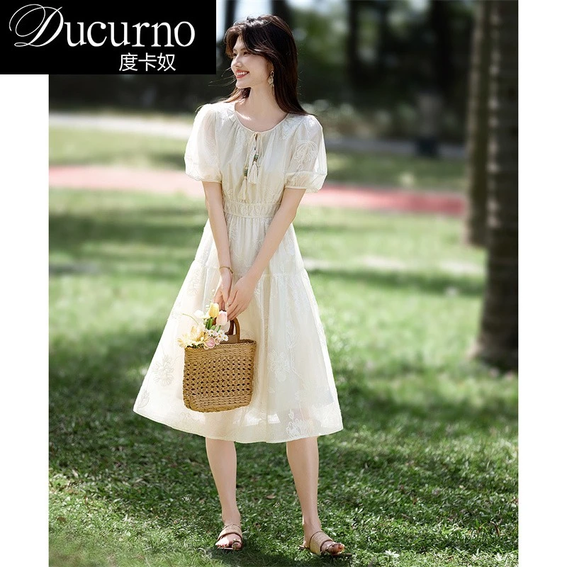 小个子短袖后妈裙新中式绣花法式连衣裙夏季收腰圆领温柔中长裙子