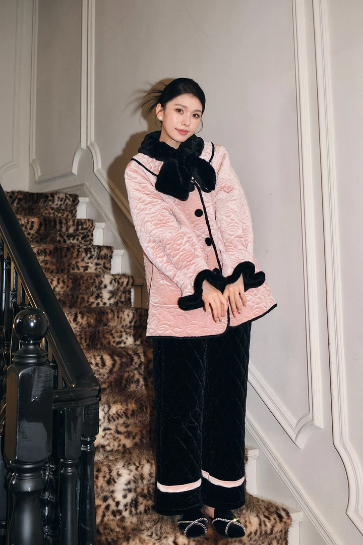 【月影山茶】原创高级感毛领厚款中式满绣国风翻领家居服套装两件套