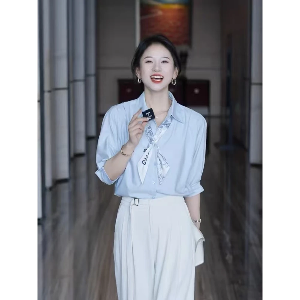 法式五分袖衬衫女夏季新款高级别致优雅丝巾衬衣通勤职业面试上衣