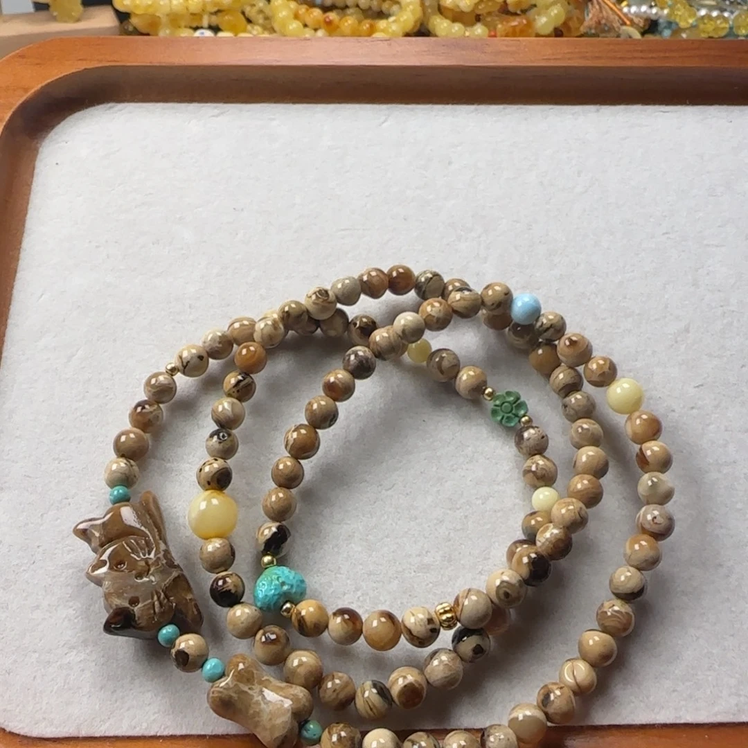 蜜蜡未镶嵌颈饰缅甸根珀白根妖花多圈猫咪手串