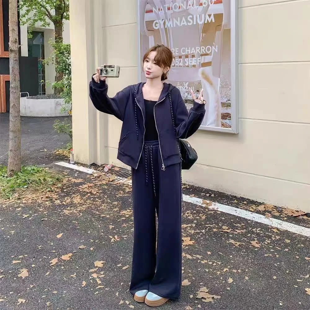 藏蓝色慵懒风连帽卫衣套装女秋2025年新休闲减龄阔腿裤两件套2873