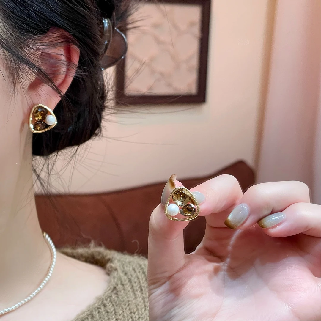 铜合金耳饰 【沁汝饰品】FQ801几何三角方糖拼接耳钉小众简约精致