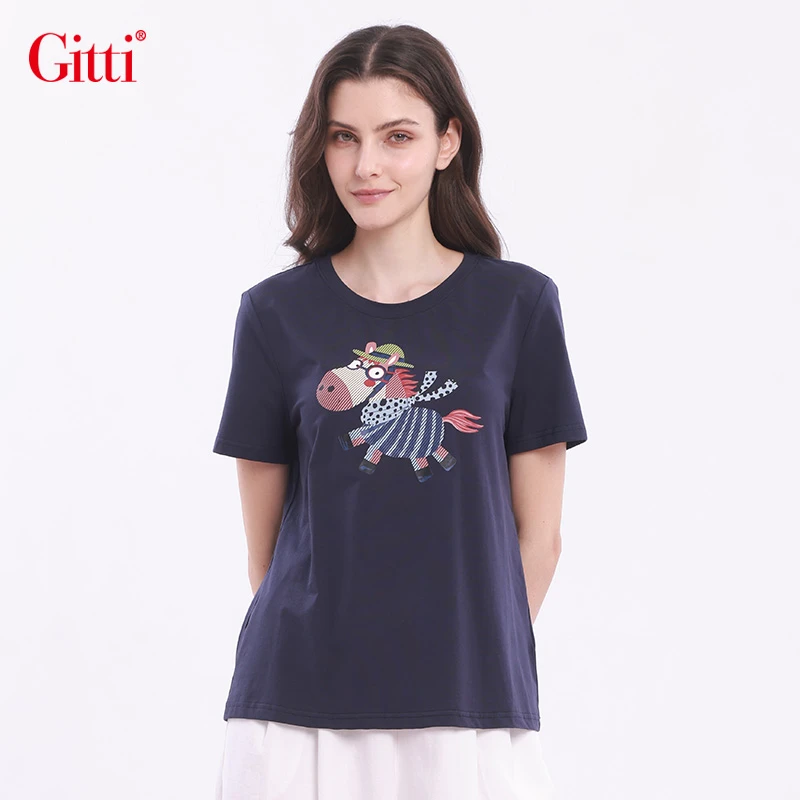 GITTI夏季新款宽松圆领短袖T恤女百搭印花半袖上衣打底衫G261593