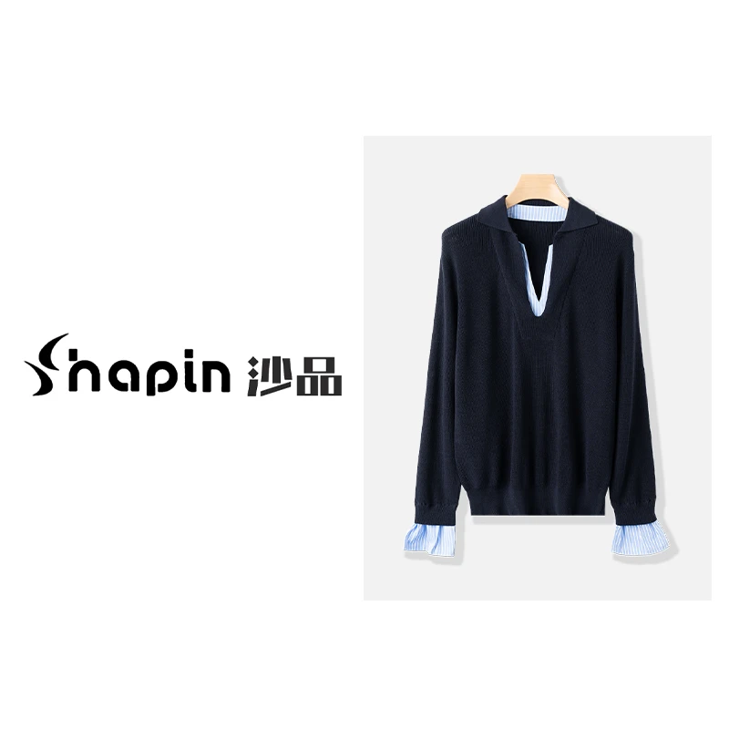 设计感假两件V领长袖针织衫时尚衬衣袖叠穿上衣女MM3614