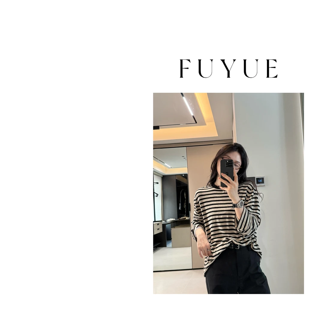 FUYUE赴约 亚麻米棕条纹休闲上衣春款百搭长袖短款时尚圆领套头