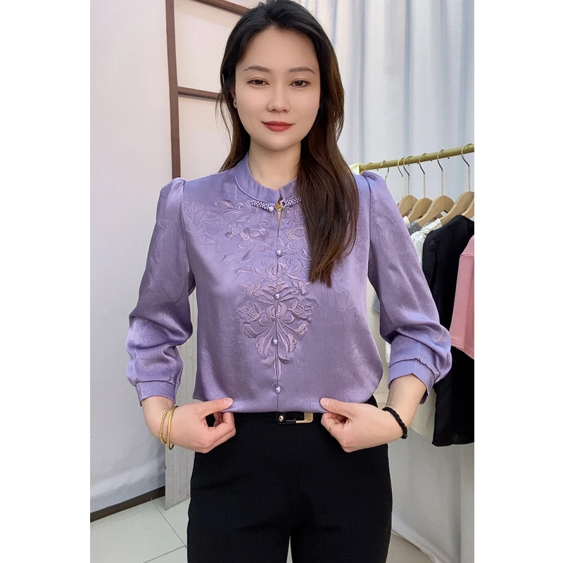 2025新款新中式国风小衫盘扣刺绣衬衫女七分袖上衣女新款打底衫夏