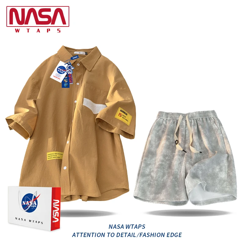 NASA WTAPS老钱风短袖衬衫休闲运动套装男夏季新款大男孩休闲男装
