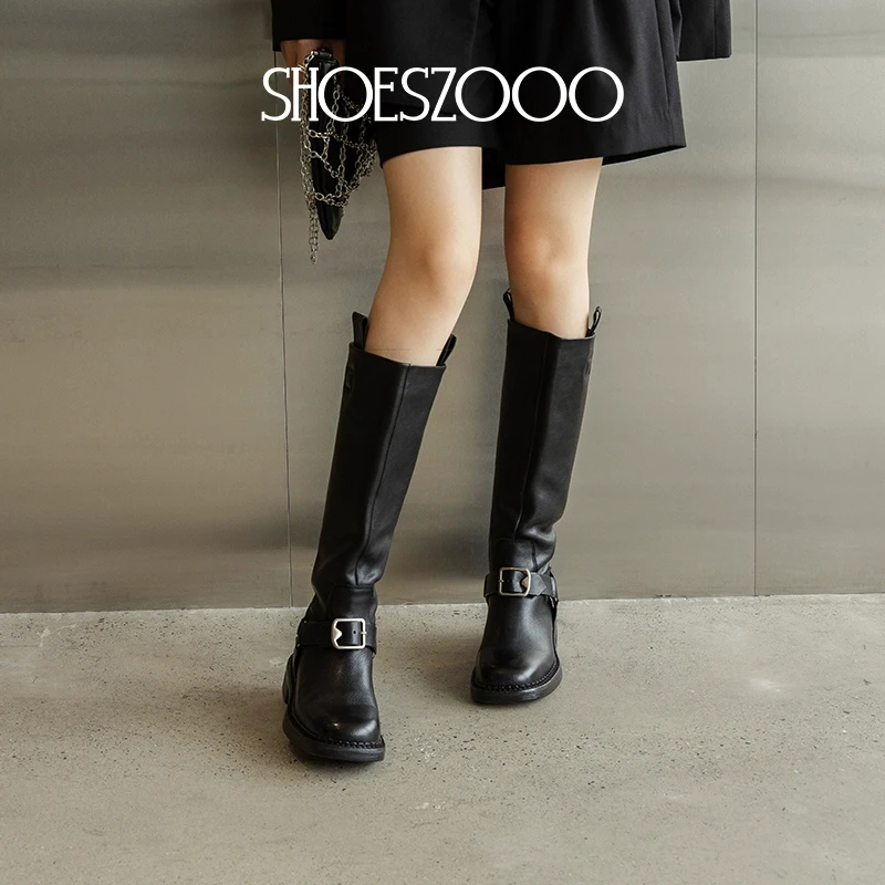 SHOESZOOO秋冬圆头高筒靴女英伦风不过膝显瘦骑士靴女真皮长靴子
