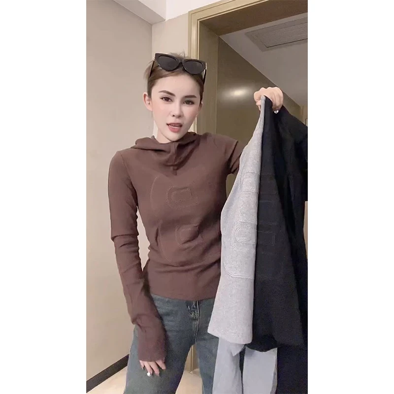 2025早秋新款正肩连帽长袖t恤女秋季女装修身显瘦打底衫上衣
