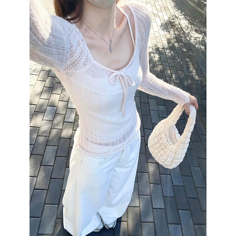 韩系温柔气质粉色镂空长袖针织衫2025秋季修身显瘦薄款打底衫上衣