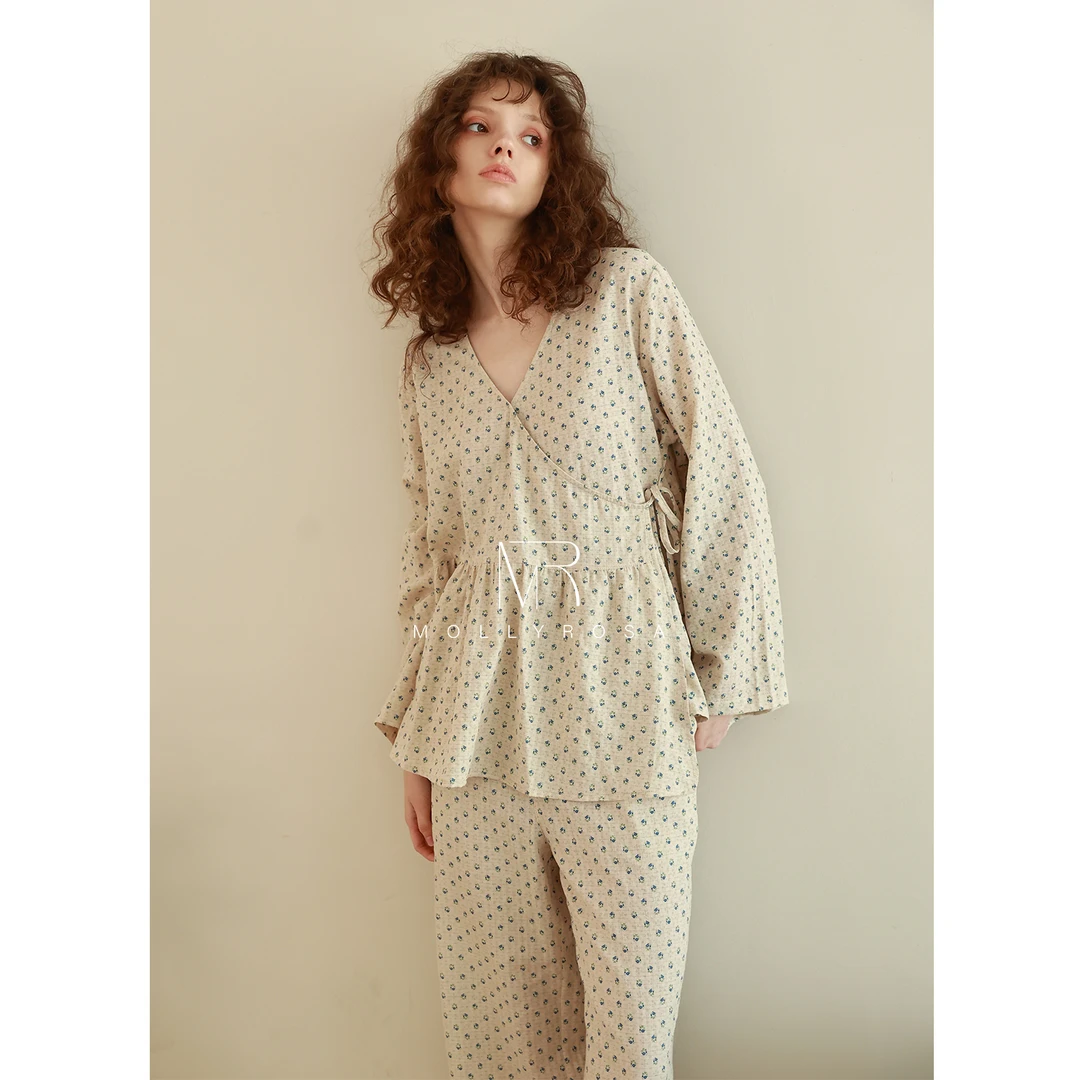 碧城蓝·原创显瘦v领长袖长裤睡衣套装棉质碎花家居服秋季女新款