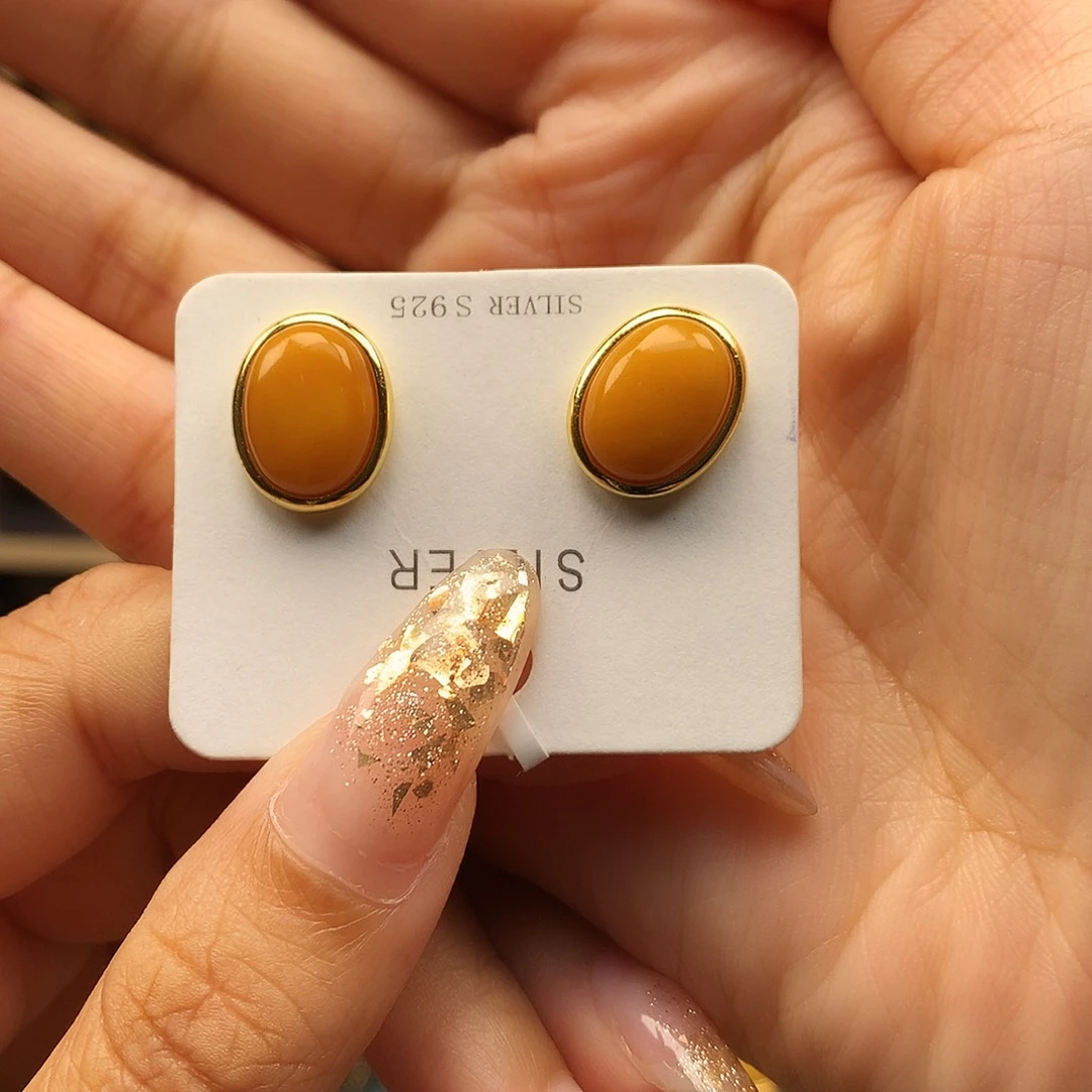 银S925镶嵌蜜蜡耳饰耳钉