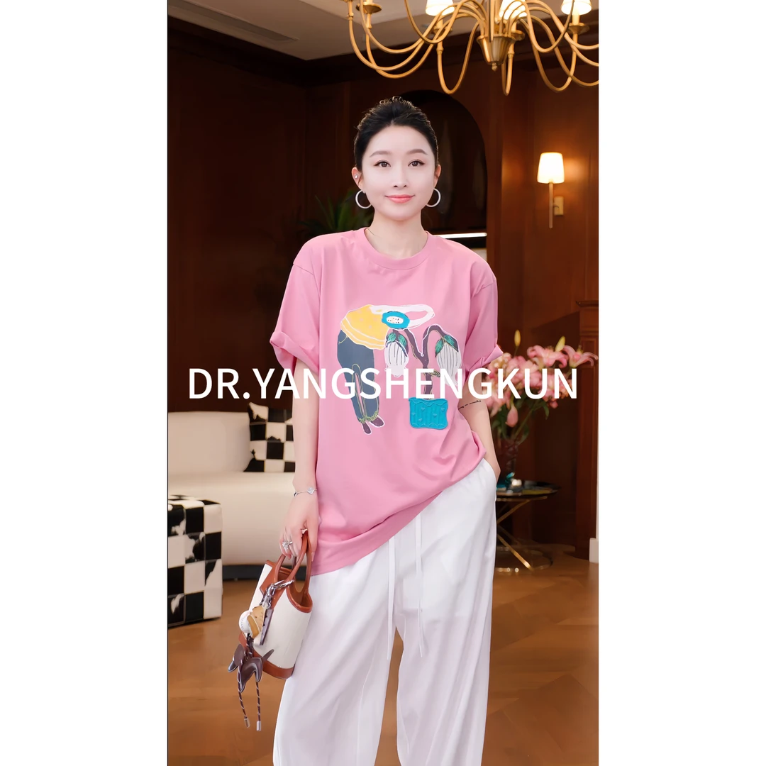 DR杨圣坤2025夏季卡通印花短袖百搭T恤女【伸懒腰tee】ZH2503-0427