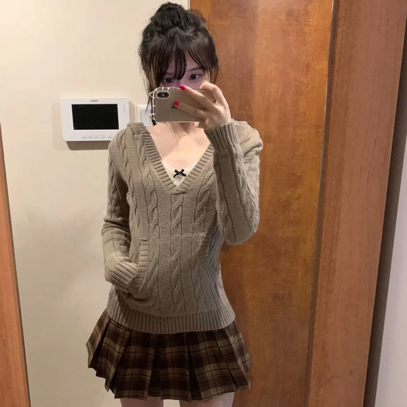 复古慵懒风松弛感V领上衣格纹半身裙两件套装一整套ootd穿搭25秋