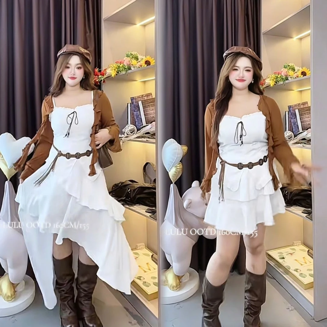 胖mm大码纯欲风吊带短裙长裙秋季新款开衫套装配腰带时尚白色气质