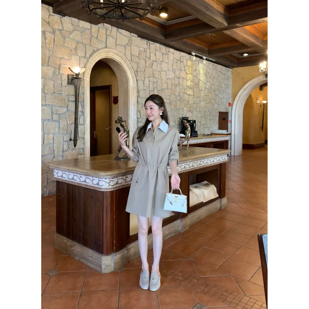 W·HAHA【上东区】撞色翻领收腰长袖工装连衣裙52672