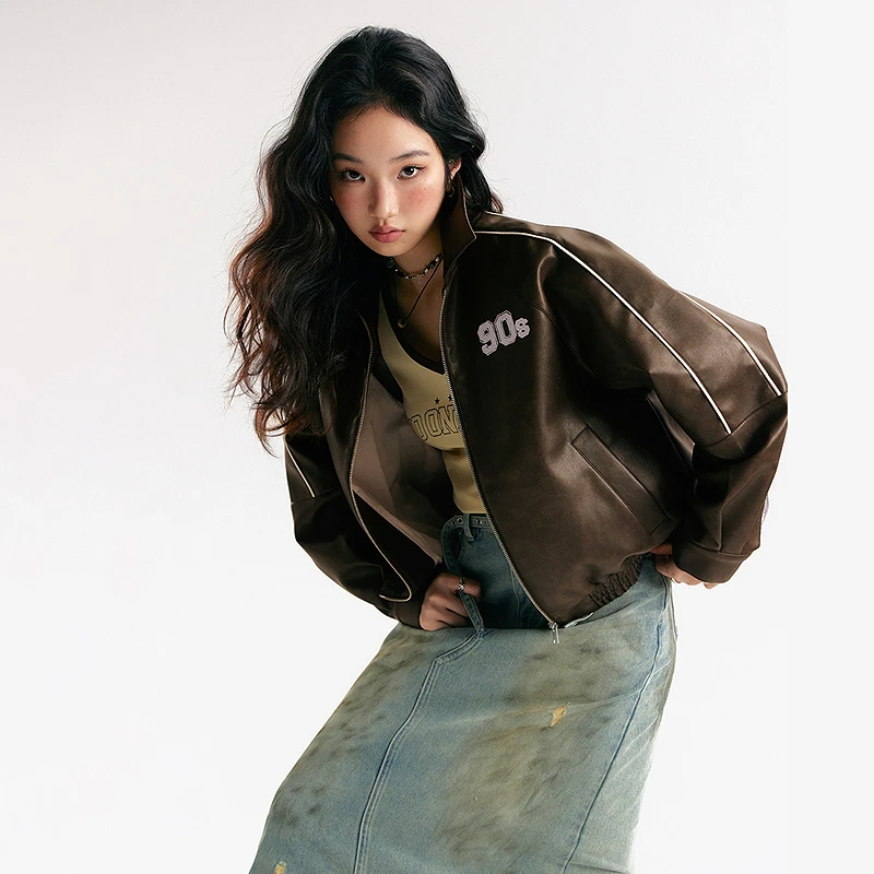 NO ONE ELSE美式复古女装琥珀流光秋季PU皮夹克长袖上衣短外套