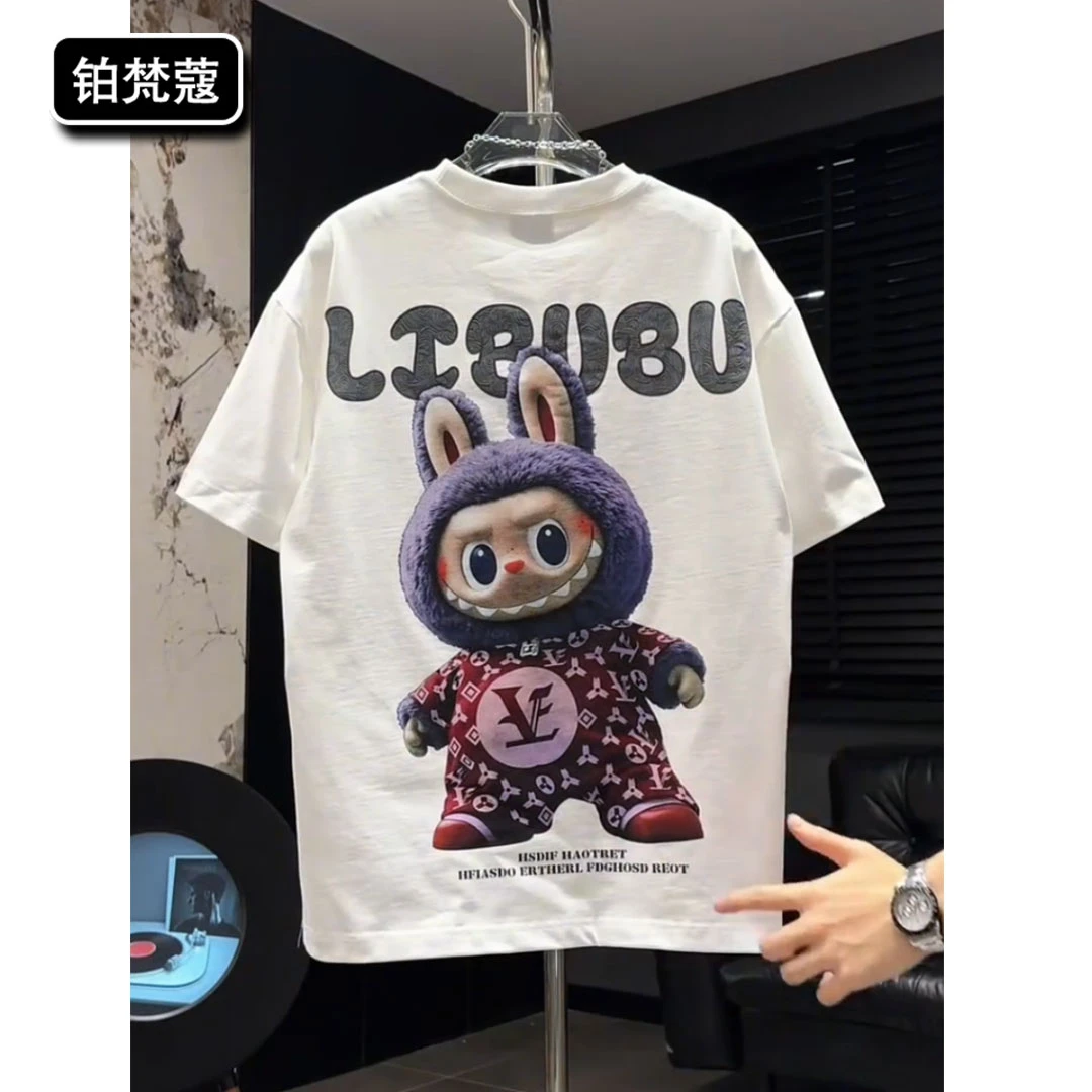 铂梵蔻夏季痞帅宽松新款圆领印花轻奢纯棉短袖男士休闲上衣潮T恤