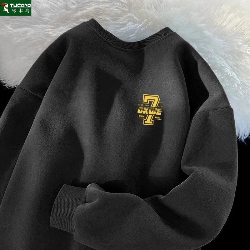 啄木鸟秋冬加绒加厚圆领卫衣男士休闲百搭宽松韩版长袖保暖上衣