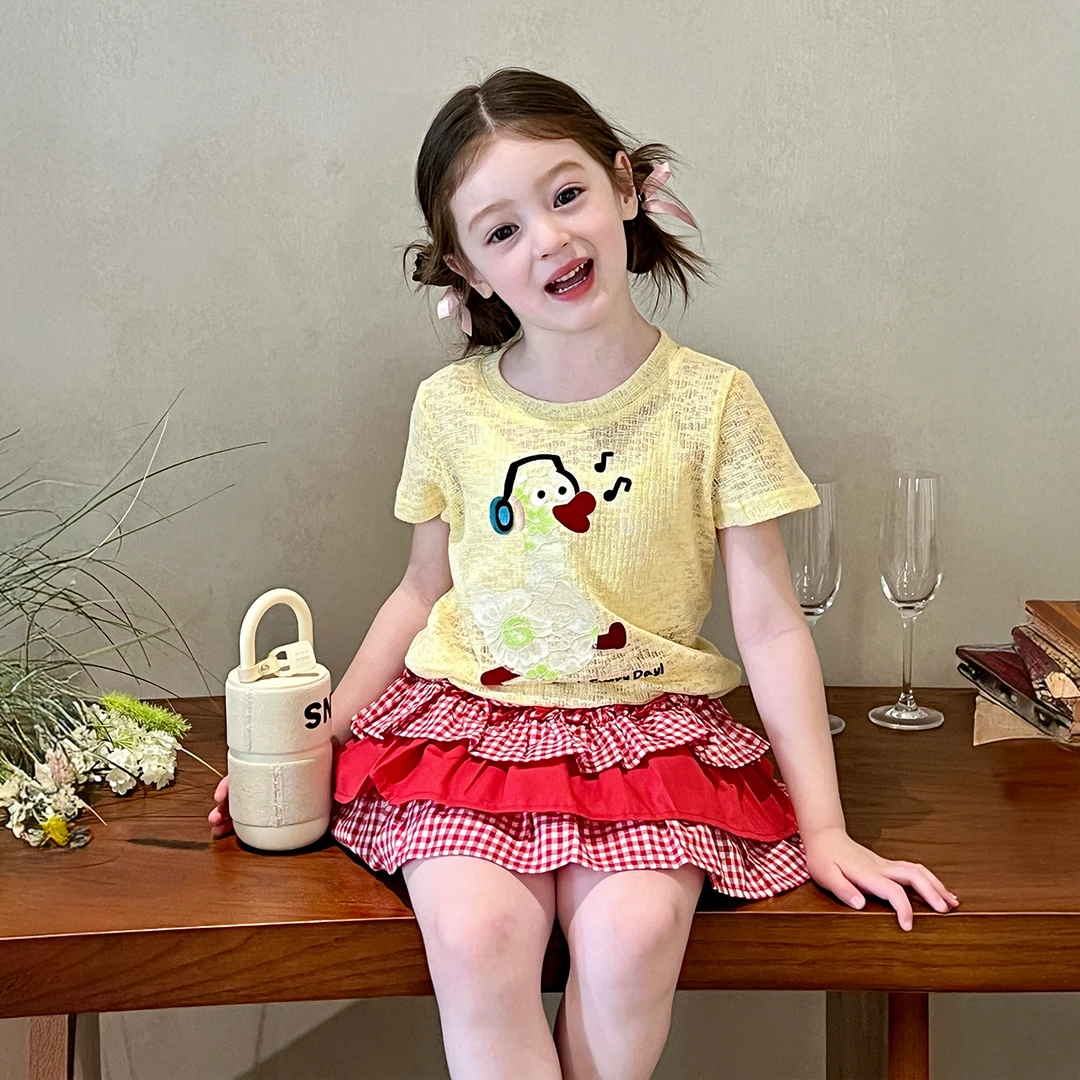 栀了成长记童装女童镂空透气短袖T恤夏儿童裙子薄款卡通防晒上衣