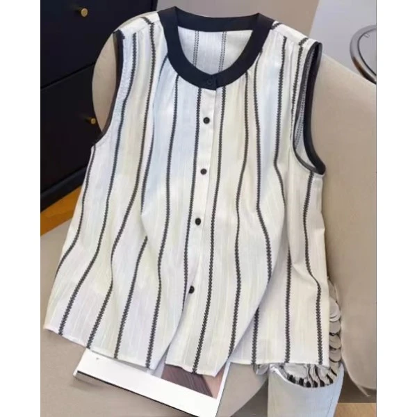 法式无袖条纹圆领女夏无袖衬衫高级感小众设计感薄款衬衣-25251