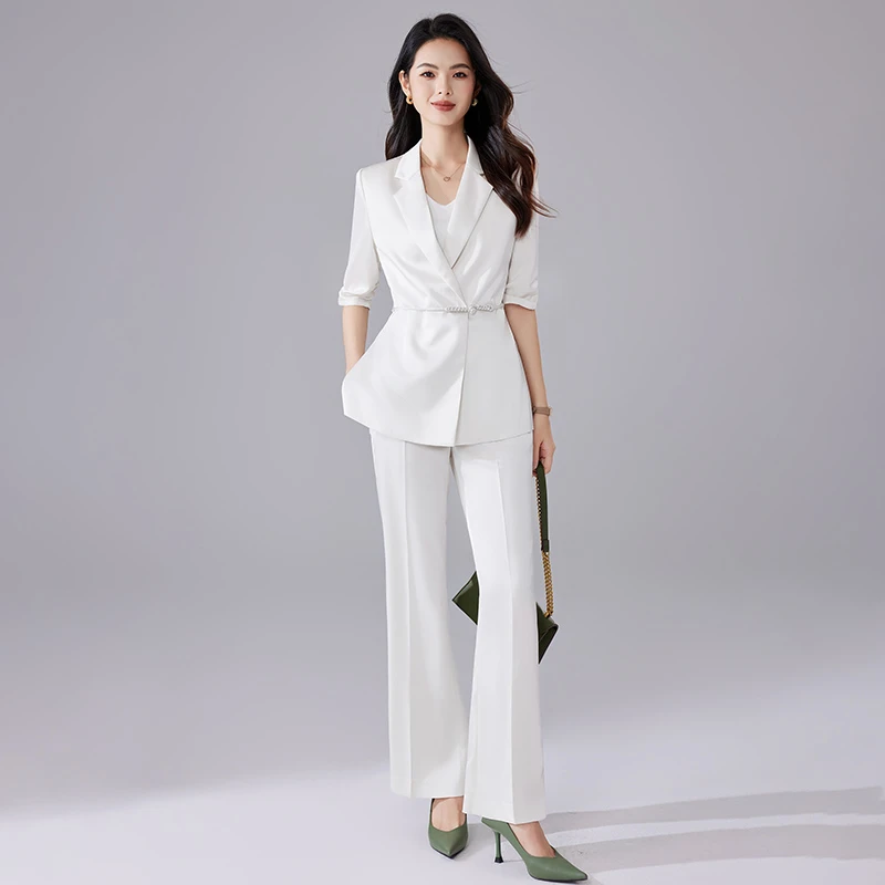 SHILUYA/诗璐雅米白色西服套装女夏设计感垂感微喇裤两件套轻职场