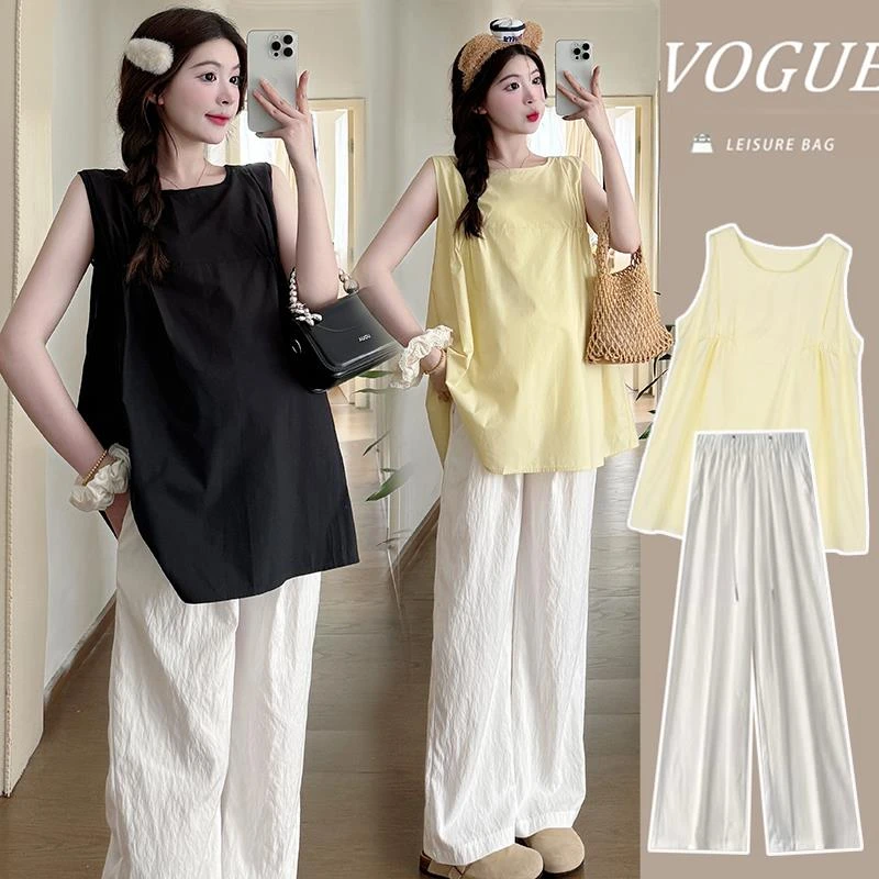 2025夏装新款孕妇上衣夏季无袖减龄背心T恤+孕妈阔腿裤两件套套装