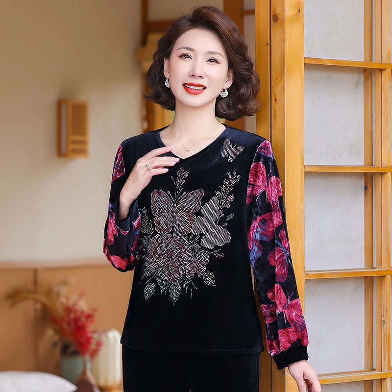 时尚妈妈装中老年女装镶钻金丝绒套装2025春季新款T恤长袖两件套