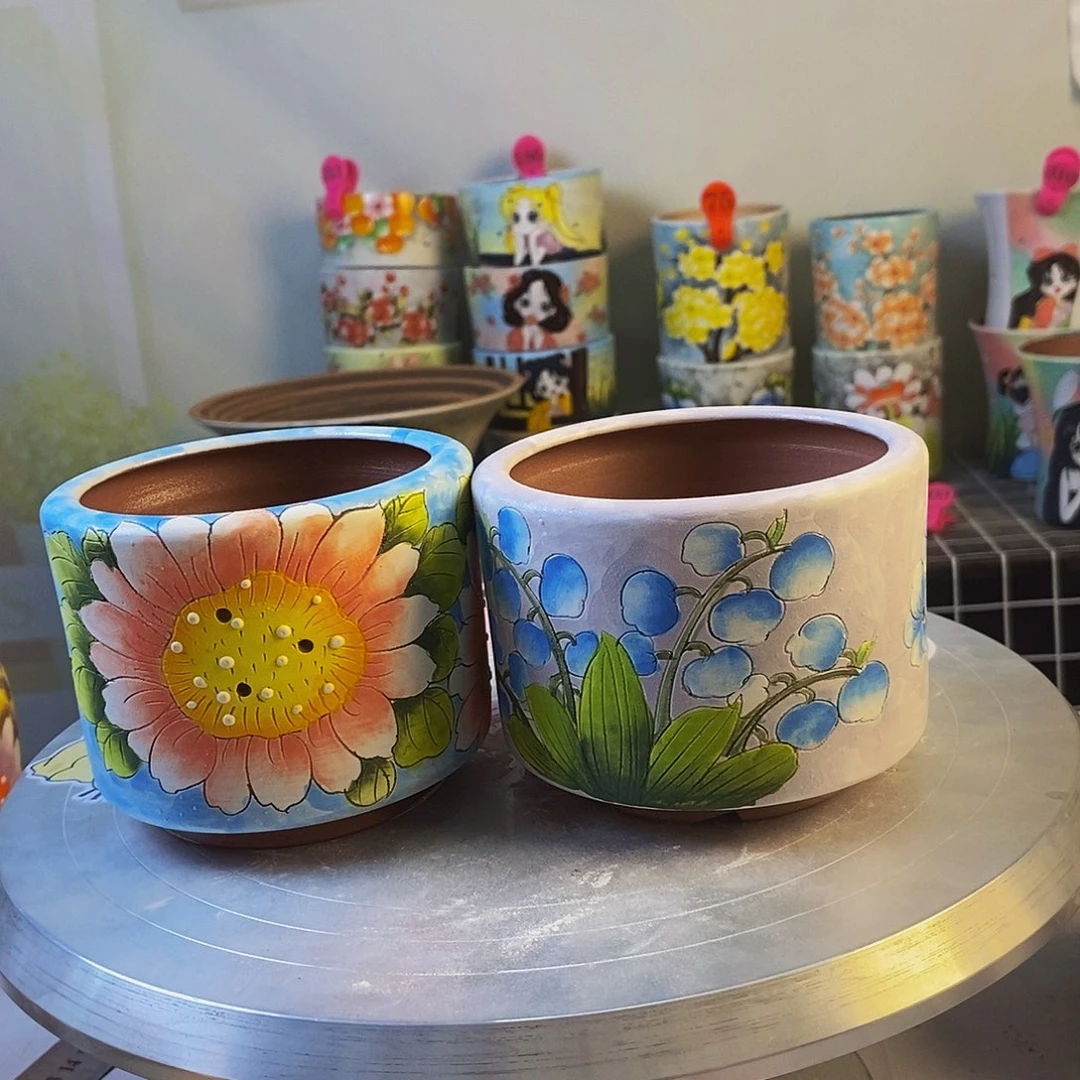 紫砂花盆红陶手绘花盆