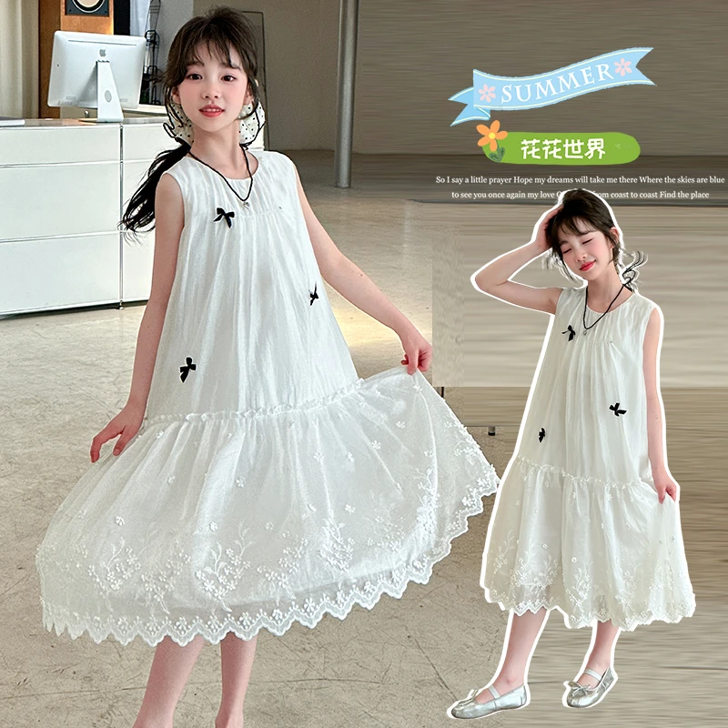 女童连衣裙夏季2025新款儿童气质优雅小女孩无袖洋气中大童蕾丝裙