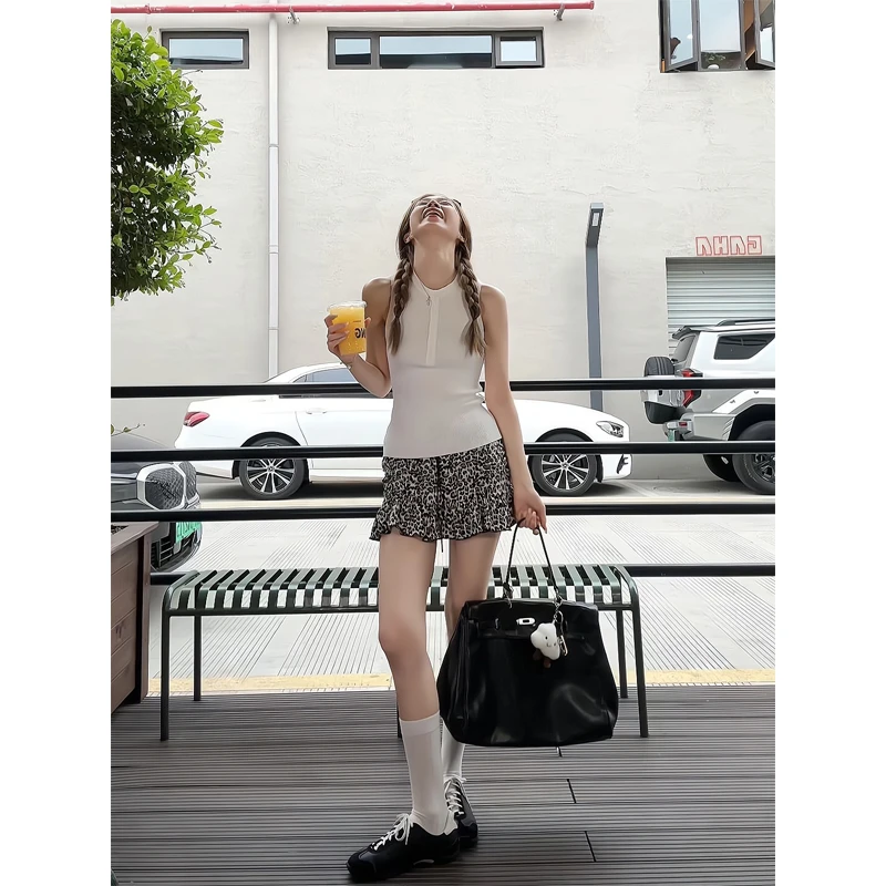 夏季外穿立领针织背心无袖短上衣美式豹纹半身裙A字蛋糕裙短裙女