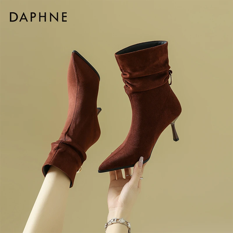 达芙妮品牌正品尖头高跟气质堆堆靴女靴25秋季法式弹力瘦瘦靴短靴